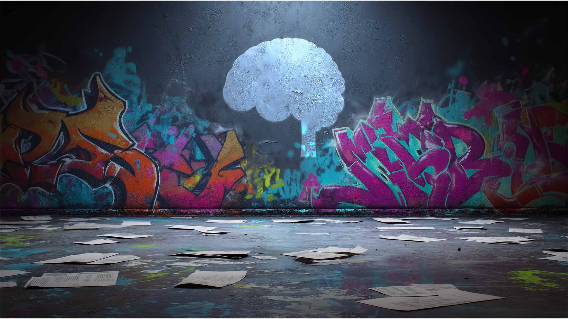 Le cerveau AcadémieCo apparaît au centre d’une fresque de graffitis colorés.